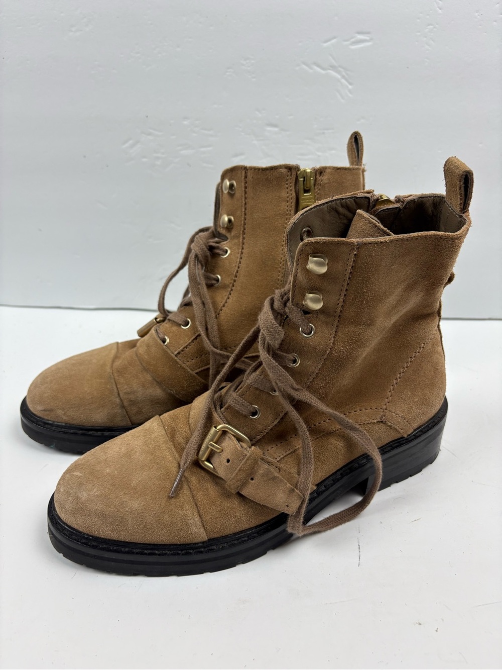 AllSaints  Women's Donita Suede Lace Combat Boots  Sand Size 38  MSRP $348.